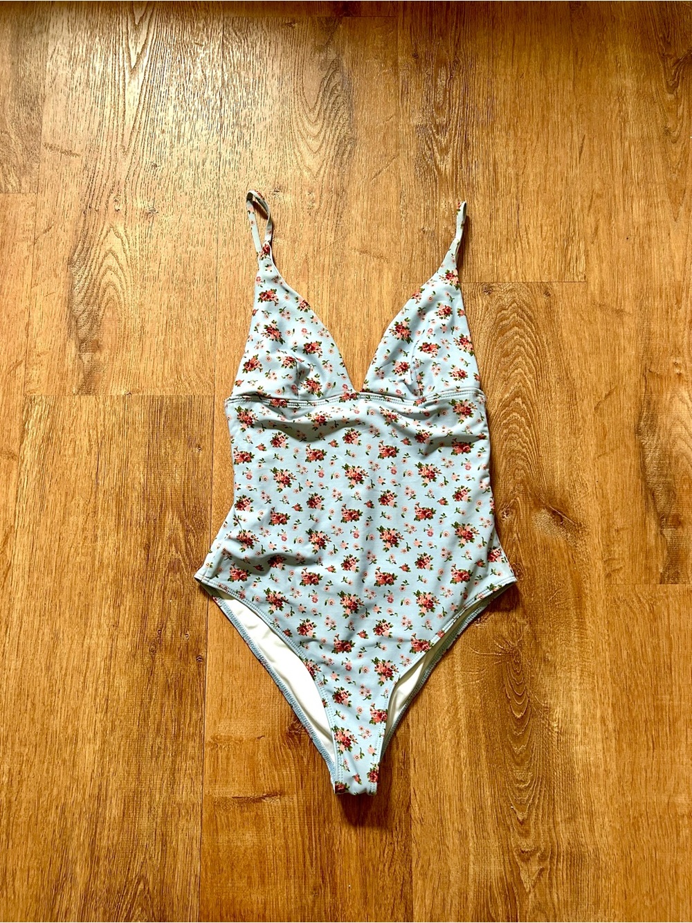 Reformation Rio One Piece Floral Swimsuit - Light Blue with Pink Roses